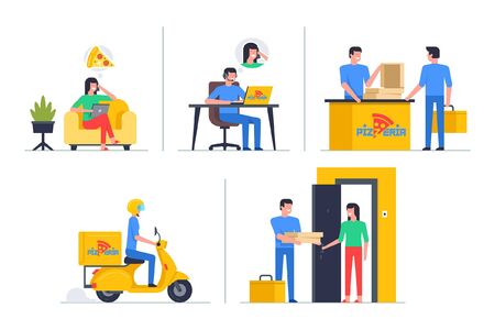 Order Pizza online (by phone), mobile app templates, concept flat design. Courier Delivering Pizza on scooterのイラスト素材