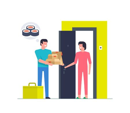 Woman receiving order from courier at door. Sushi delivery service. concept flat designのイラスト素材