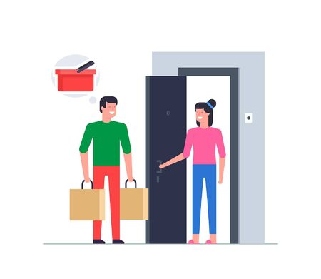 Woman receiving order from courier at door. Food delivery service. concept flat designのイラスト素材
