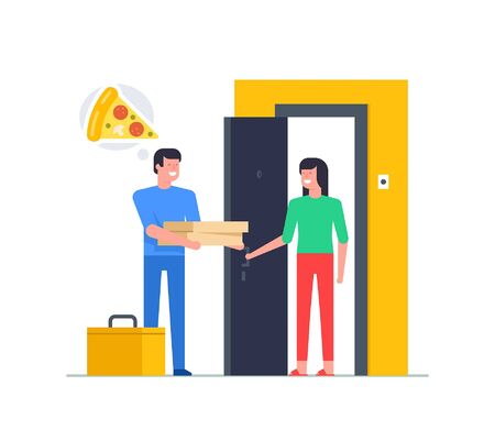 Woman receiving order from courier at door. Pizza delivery service. concept flat designのイラスト素材