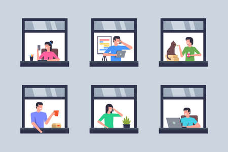 Neighbors in windows. Windows with neighbors. Stay home conceptのイラスト素材
