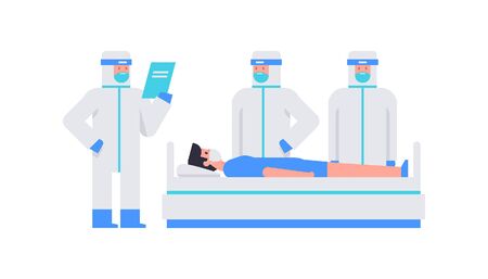 Doctors in a protective suit examine the patient. Team of doctors working together. working at clinic. Coronavirus COVID-19 virus. Flat Styleのイラスト素材