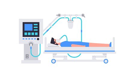 Man lying in hospital bed. A man is lying on a bed in a hospital room, connected to a Ventilator Medical Machine. Coronavirus COVID-19 virus. Flat Styleのイラスト素材