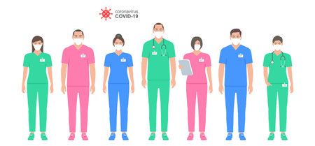 Doctors in white medical face mask. Set Doctors and nurse in protection masks. Health Care and Safety. Coronavirus COVID-19 virus. Flat Styleのイラスト素材