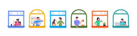 Neighbors in windows. Windows with neighbors. Stay home concept. Flat Styleのイラスト素材