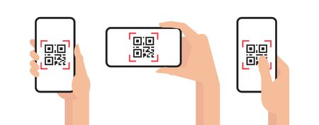 QR code mobile phone scan on screen. in hand on white background. Flat Styleのイラスト素材