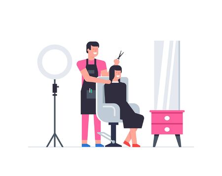 Hairdressing salon. man and woman in barbershop. Barber shop interior. Flat Style. isolated on white backgroundのイラスト素材