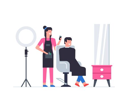 Hairdressing salon. man and woman in barbershop. Barber shop interior. Flat Style. isolated on white backgroundのイラスト素材