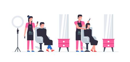 Hairdressing salon. man and woman in barbershop. Barber shop interior. Flat Style. isolated on white backgroundのイラスト素材