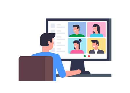 Online Conference. Group video chat. Remote team work. Flat Style. isolated on white backgroundのイラスト素材
