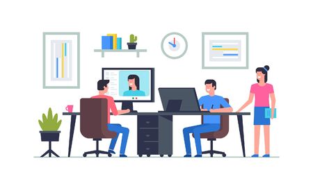 Work in office. Office business concept. Group of office workers. Remote team work. Flat Style. isolated on white backgroundのイラスト素材
