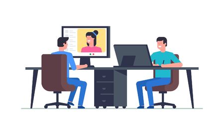 Work in office. Office business concept. Group of office workers. Remote team work. Flat Style. isolated on white backgroundのイラスト素材