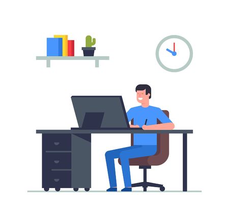 Man is working at his laptop. Office business concept. Remote team work. Flat Style. isolated on white backgroundのイラスト素材