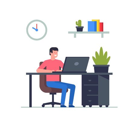 Man is working at his laptop. Office business concept. Remote team work. Flat Style. isolated on white backgroundのイラスト素材