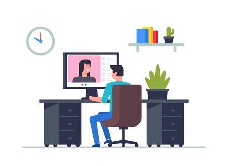 Man is working at his laptop. Office business concept. Remote team work. Flat Style. isolated on white backgroundのイラスト素材