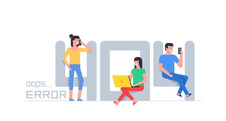 404 Error Page. Page Not Found Error 404. Guys and women sitting near big symbol 404. Flat Style. isolated on white backgroundのイラスト素材