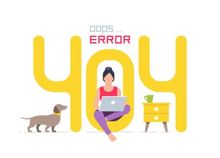 404 Error Page. Page Not Found Error 404. Girl sitting near big symbol 404. Flat Style. isolated on white backgroundのイラスト素材