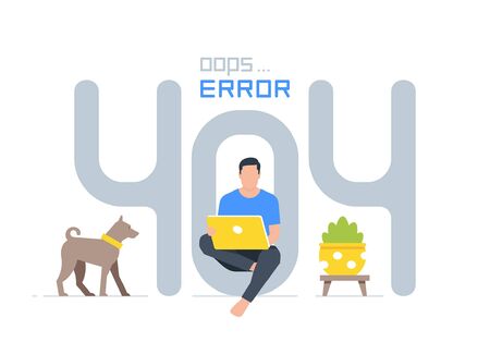 404 Error Page. Page Not Found Error 404. Guy sitting near big symbol 404. Flat Style. isolated on white backgroundのイラスト素材