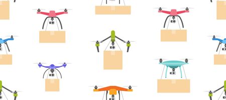 Seamless pattern with Delivery air drone with the package. Express Delivery Air Service. Flat Style. isolated on white backgroundのイラスト素材