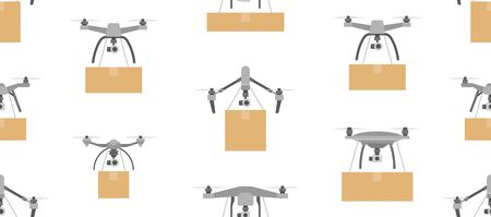 Seamless pattern with Delivery air drone with the package. Express Delivery Air Service. Flat Style. isolated on white backgroundのイラスト素材