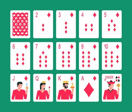 Playing cards Diamond suit, joker and back. Flat Style. isolated on green backgroundのイラスト素材