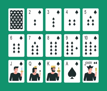 Playing cards spade suit, joker and back. Flat Style. isolated on green backgroundのイラスト素材