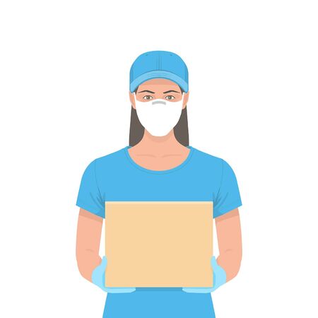 Young Delivery Woman in blue uniform holding the box in medical rubber gloves and mask. Delivery service. Flat Style. isolated on white backgroundのイラスト素材