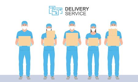 Delivery People in blue uniform holding the box in medical rubber gloves and mask. Delivery service. Flat Style. isolated on white backgroundのイラスト素材