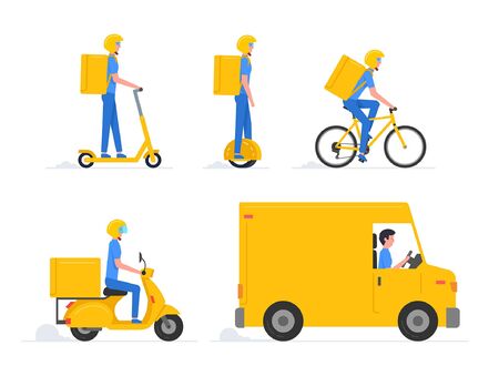 Online delivery service. Truck, electric scooter, and bicycle courier. Delivery service concept. Flat Styleのイラスト素材