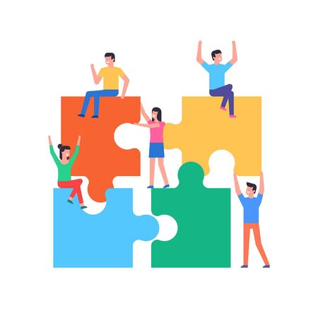 People connecting puzzle elements. Team metaphor. Business concept. Flat Style. isolated on white backgroundのイラスト素材