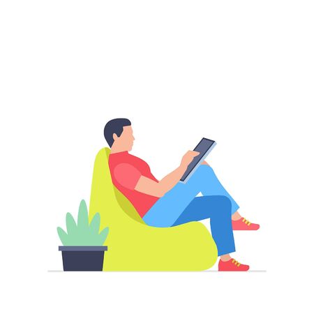 Man is working at his tablet. Office business concept. Flat Style. isolated on white backgroundのイラスト素材