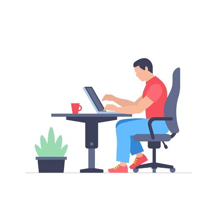 Man is working at his laptop. Office business concept. Flat Style. isolated on white backgroundのイラスト素材
