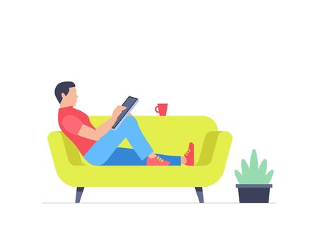 Man is working at his tablet. Office business concept. Flat Style. isolated on white backgroundのイラスト素材