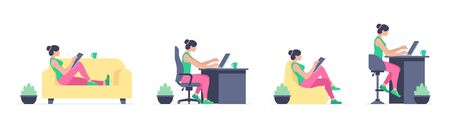 Working at home. Woman working on laptop and computer, tablet. Flat Styleのイラスト素材