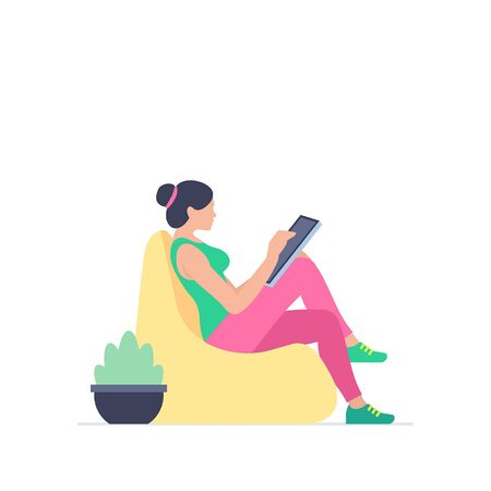 Woman is working at his tablet. Office business concept. Flat Style. isolated on white backgroundのイラスト素材