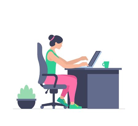 Woman is working at his laptop. Office business concept. Flat Style. isolated on white backgroundのイラスト素材