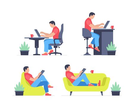Working at home. Man working on laptop and computer, tablet. Flat Styleのイラスト素材