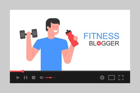 Video tutorials. Athletic man blogger on video screen. Social media marketing. flat style. isolated on white backgroundのイラスト素材