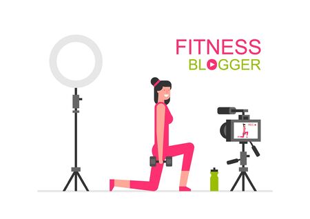 Athletic women blogger making a video. flat style. isolated on white backgroundのイラスト素材