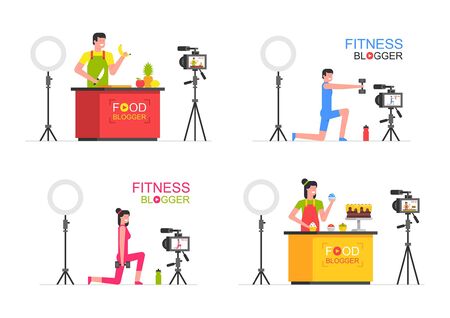 Set of bloggers Man and Woman. Food blogger, Athletic blogger. Making a video. flat style. isolated on white backgroundのイラスト素材