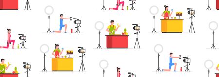 Seamless pattern with bloggers Man and Woman. Food blogger, Athletic blogger. Making a video. flat style. isolated on white backgroundのイラスト素材