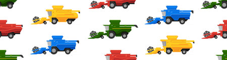 Seamless pattern with Combine harvesters. Rural industrial farm technics. flat style. isolated on white backgroundのイラスト素材