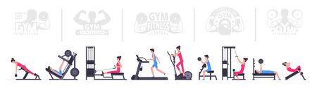 Gym interior. Sport Gym Interior. Fitness club. People working out using sports equipment and machines. Healthy lifestyleのイラスト素材