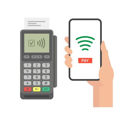 Contactless Payment Concept. Pos terminal confirms the payment by smartphoneのイラスト素材