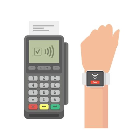 Contactless Payment Concept. Pos terminal confirms the payment by smart watchのイラスト素材