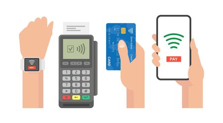 Contactless Payment Concept. Pos terminal confirms the payment by smartphone, credit card, smart watch.のイラスト素材
