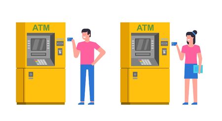 People using ATM. man and woman using atm to withdraw cash. ATM payment. isolated on white backgroundのイラスト素材