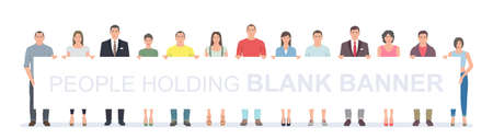 Group of people holding blank banner. Flat Styleのイラスト素材