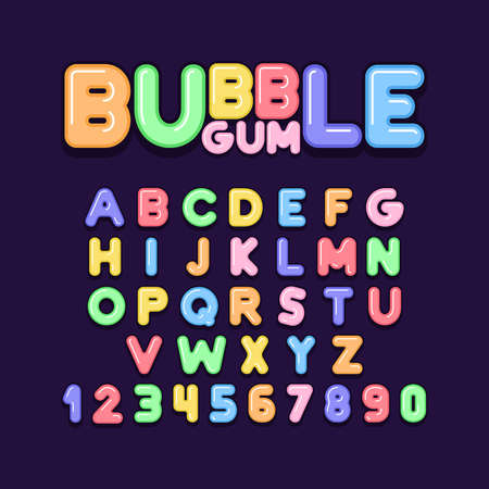 Bubble Gum font, alphabet, letters and numbers. flat styleのイラスト素材