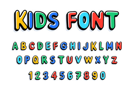 Kids font, alphabet, letters and numbers. flat styleのイラスト素材